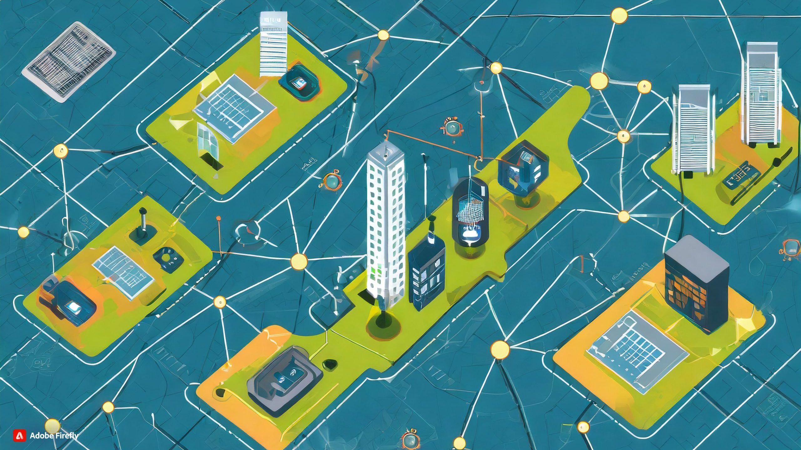 Netzwerk, Gebäude auf einer Landkarte