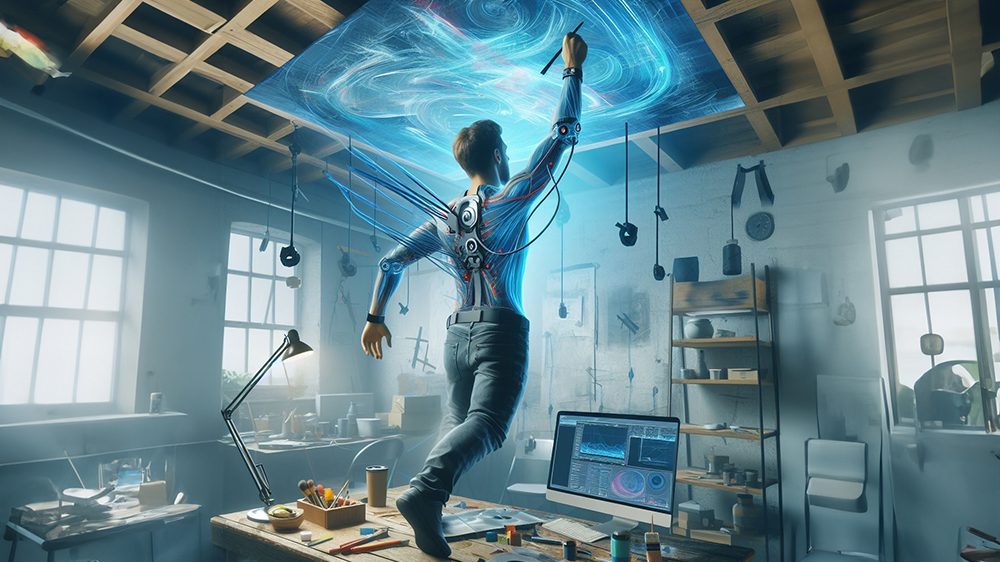 Ergonomieanalyse und Exoskelette Mann mit Exoskelett