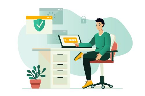 Grafik Mensch sitzt am Schreibtisch mit Laptop. Um ihn herum Symbole für IT-Sicherheit