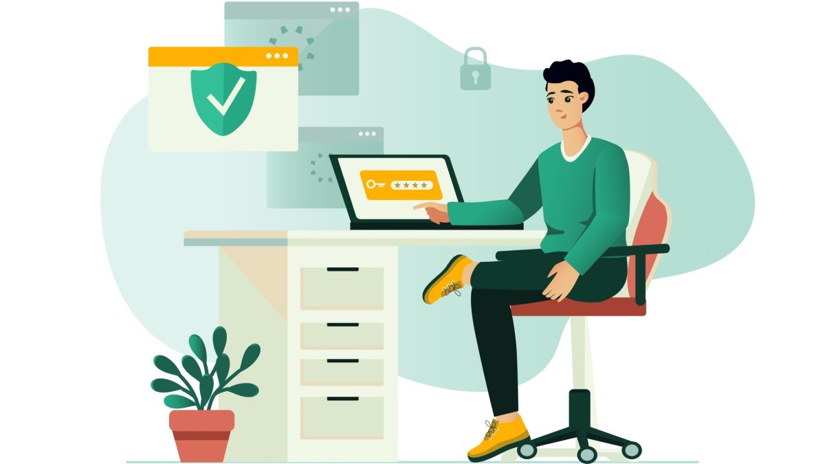 IT-Sicherheit Grafik Mensch sitzt am Schreibtisch mit Laptop. Um ihn herum Symbole für IT-Sicherheit