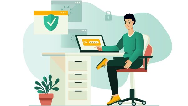 IT-Sicherheit Grafik Mensch sitzt am Schreibtisch mit Laptop. Um ihn herum Symbole für IT-Sicherheit