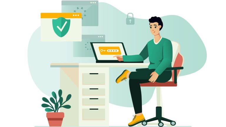 Grafik Mensch sitzt am Schreibtisch mit Laptop. Um ihn herum Symbole für IT-Sicherheit