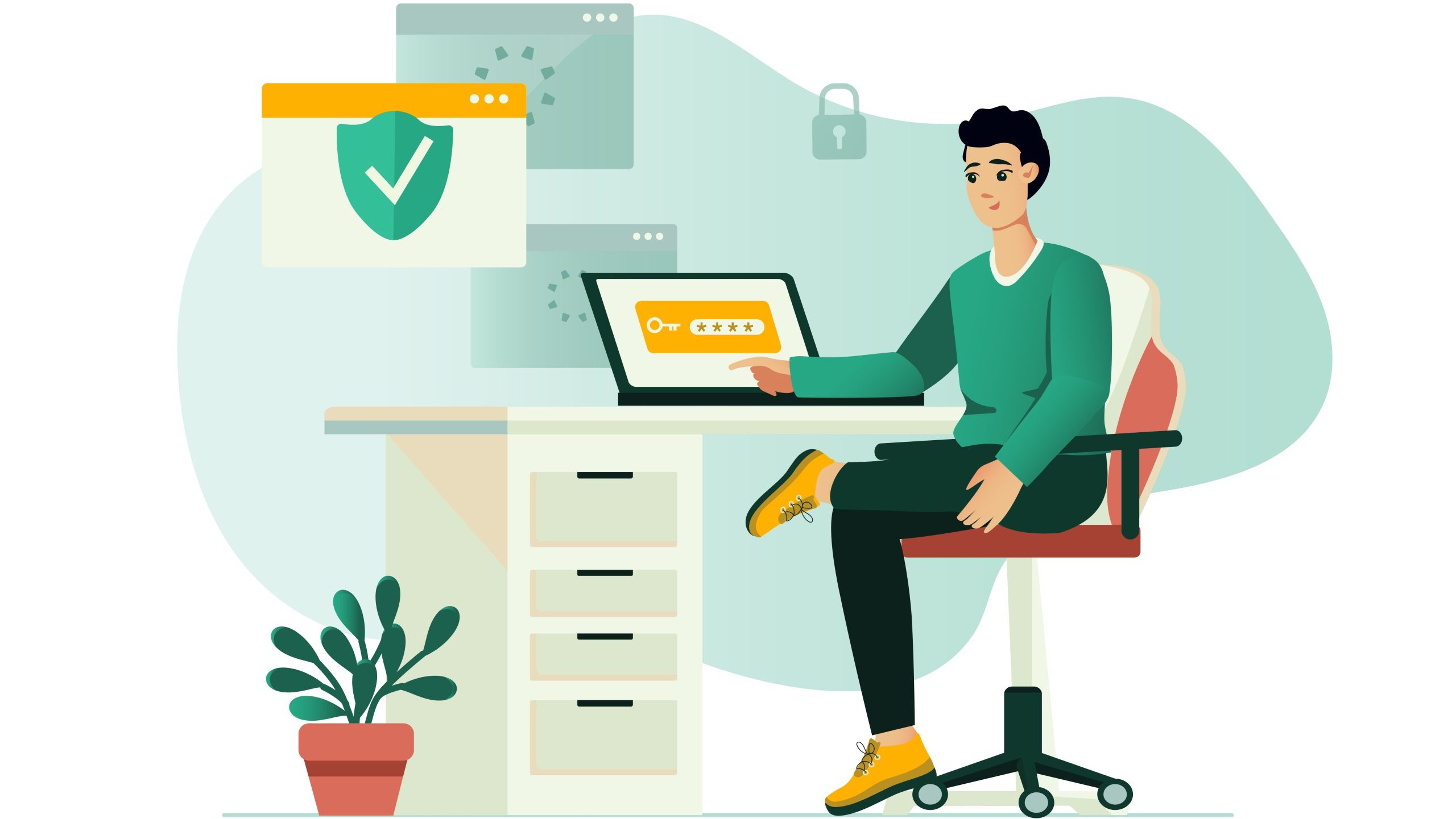 Grafik Mensch sitzt am Schreibtisch mit Laptop. Um ihn herum Symbole für IT-Sicherheit