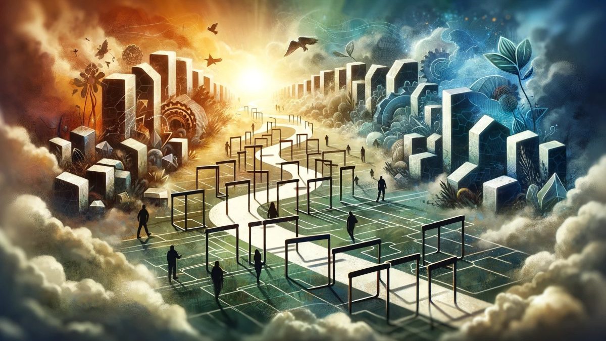 Hindernisse im Transformationsprozess Ein Weg mit mehreren Menschensilhouetten. Am Wegesrand stehen Hausblöcke. Am Rand des Bildes sind Rauch und Wolken zu sehen