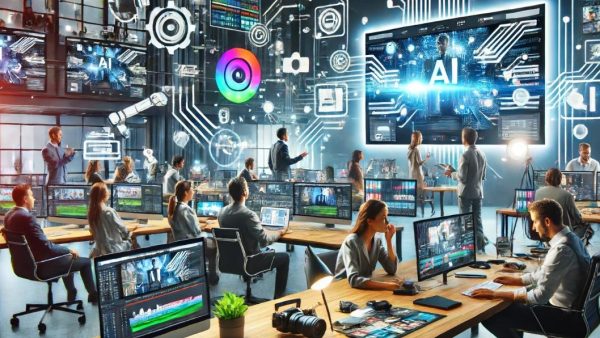 Büro Das Bild zeigt die Integration von KI in die Videoproduktion für die Unternehmenskommunikation abbildet. Es illustriert eine moderne Arbeitsumgebung mit einem vielfältigen Team, das an Computern und Tablets arbeitet, sowie AI-gestützte Videobearbeitungssoftware auf großen Bildschirmen und verschiedene Video-Produktionselemente wie Kameras und Mikrofone
