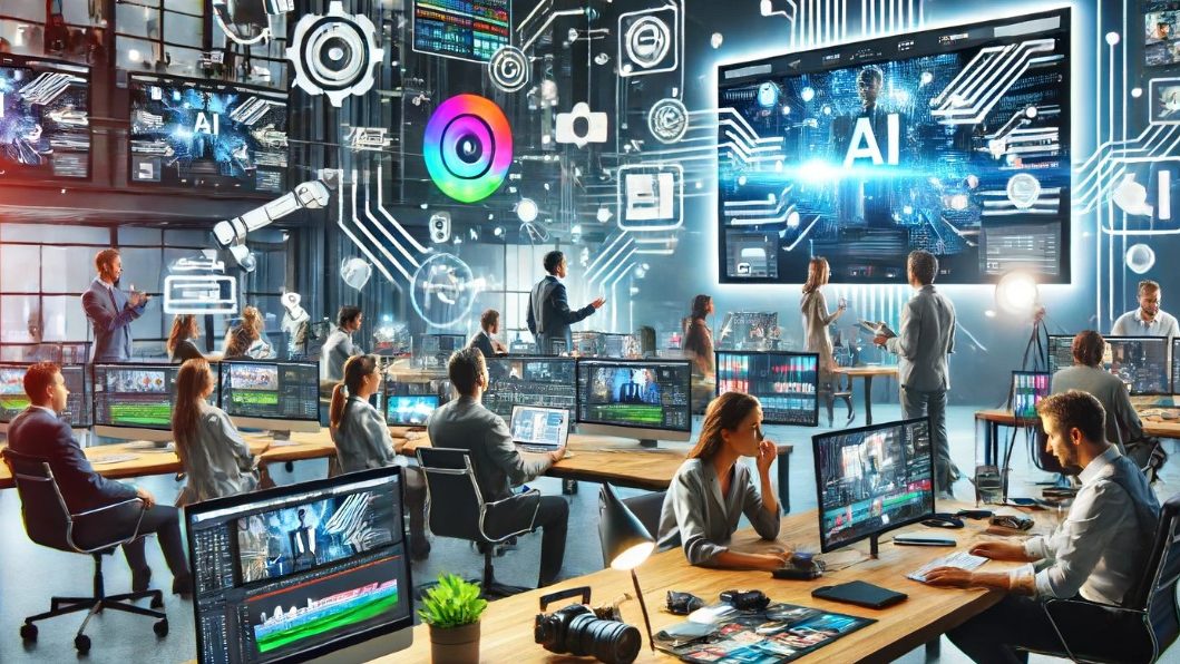 Das Bild zeigt die Integration von KI in die Videoproduktion für die Unternehmenskommunikation abbildet. Es illustriert eine moderne Arbeitsumgebung mit einem vielfältigen Team, das an Computern und Tablets arbeitet, sowie AI-gestützte Videobearbeitungssoftware auf großen Bildschirmen und verschiedene Video-Produktionselemente wie Kameras und Mikrofone