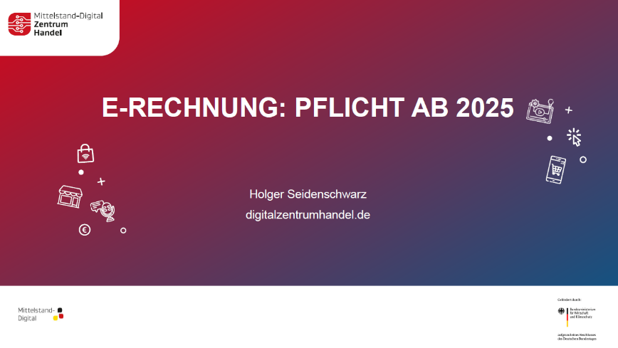 E-Rechnung: Pflicht ab 2025 Banner mit rot-blauem Farbverlauf mit der Schrift "E-Rechnung: Pflicht ab 2025"
