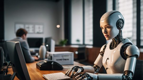 Roboter sitzt in menschlicher Pose am Schreibtisch und tippt