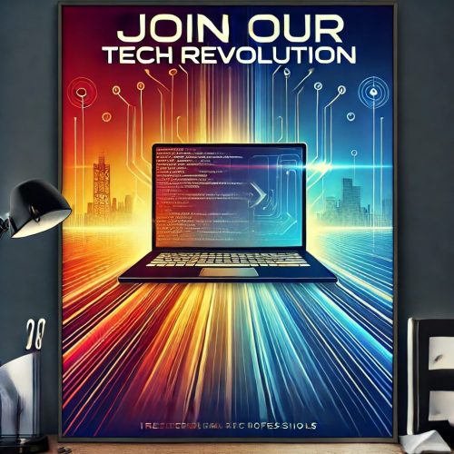 Poster "Join our tech revolution" - Laptop steht auf Autobahn, die Lichter verschwimmen ineinander zu Streifen