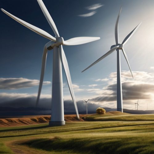 Zwei Windräder auf flachem Land. Das linke Windrad hat fünf Flügel. Einer wirkt als schmelze er. Das rechte Windrad hat vier unregelmäßig verteilte Flügel