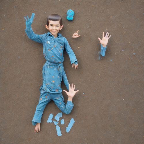 Kind liegt auf dem Boden. Es hat einen blauen Pyjama an. Überall liegen Hände und Arme