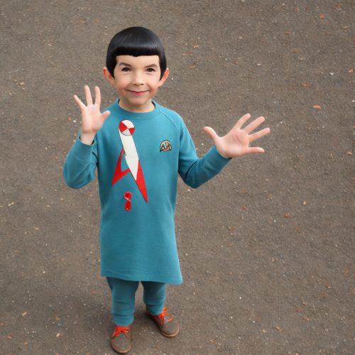 Kind welches aussieht wie Mr. Spock in einem blauen Pyjama mit Rakete drauf. Es zeigt mit rechts den Spock-Gruß, hat aber nur vier Finger