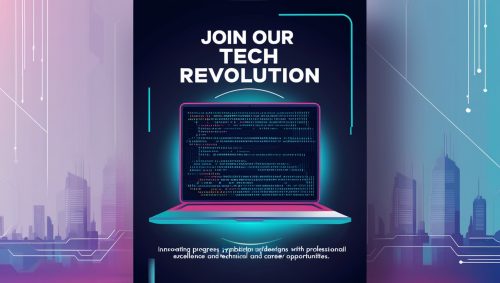 Poster "Join our tech revolution" Laptop vor City Skyline darunter kryptische Schrift