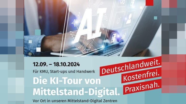 Laptop mit Bildschirm AI, unten die Eckdaten der Mittelstand-Digital KI-Tour