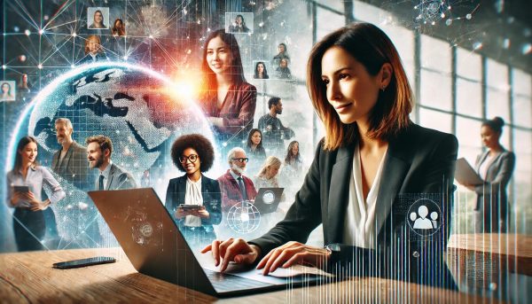 KI-Tools Eine berufstätige Frau um die 40 Jahre alt, die selbstbewusst KI-Tools auf einem Laptop verwendet. Sie befindet sich in einem modernen Arbeitsbereich vor einem dynamischen Hintergrund