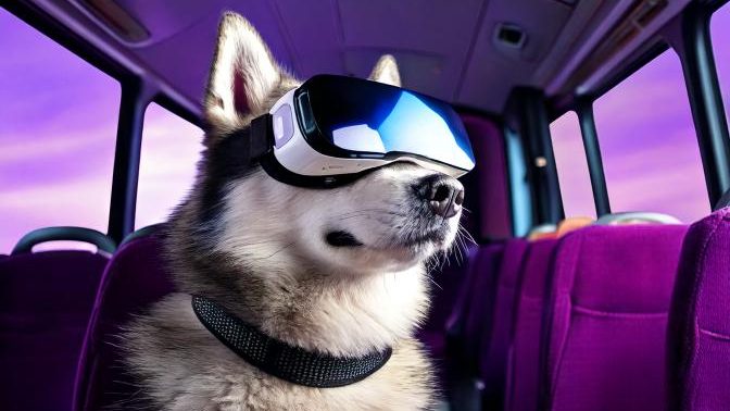 Husky mit VR Brille sitzt im Bus auf einem Platz links und guckt seitlich
