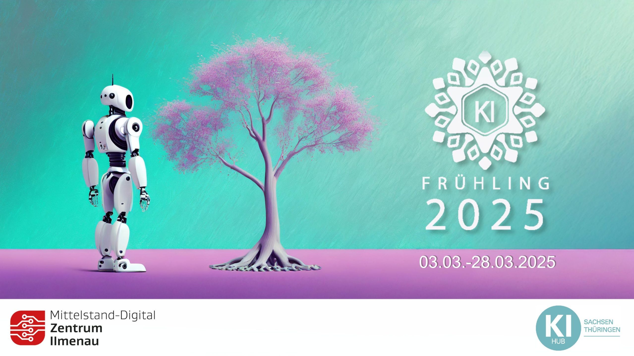 KI-Frühling 2025: Künstliche Intelligenz erleben, Zukunft im Mittelstand gestalten Roboter schaut auf Baum im Frühling