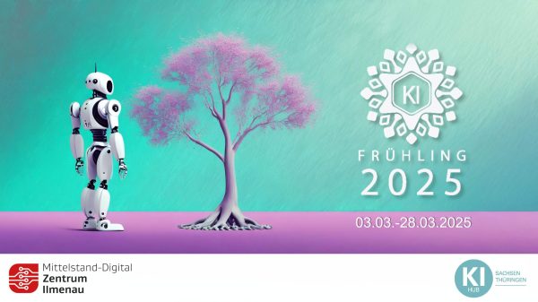 KI-Frühling 2025: Künstliche Intelligenz erleben, Zukunft im Mittelstand gestalten Roboter schaut auf Baum im Frühling