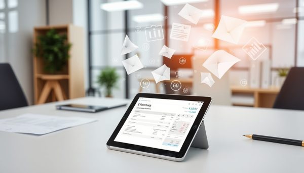 E-Rechnung Tablet mit elektronischer Rechnung auf einem Tisch in einem Büro