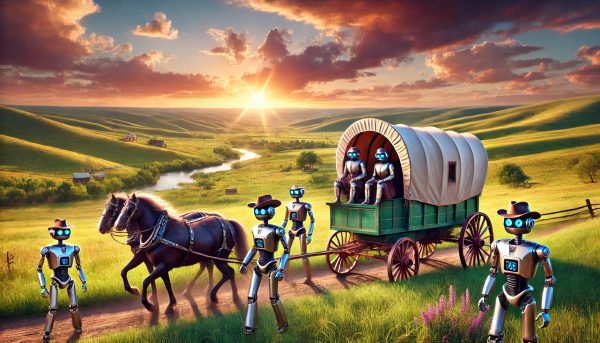 KI-Pioniere Roboter in der Prärie mit einem Planenwagen. Es sieht aus wie im wilden Westen.