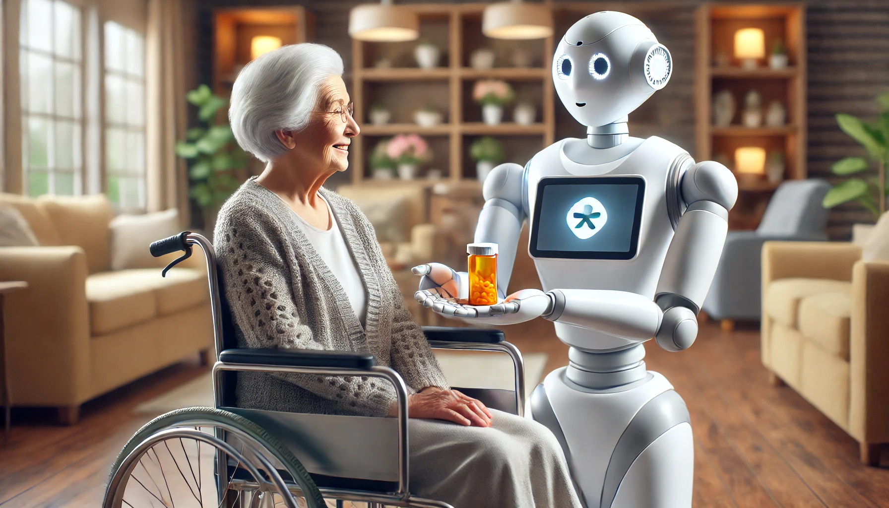 Frau im Rollstuhl und Roboter im Pflegeheim