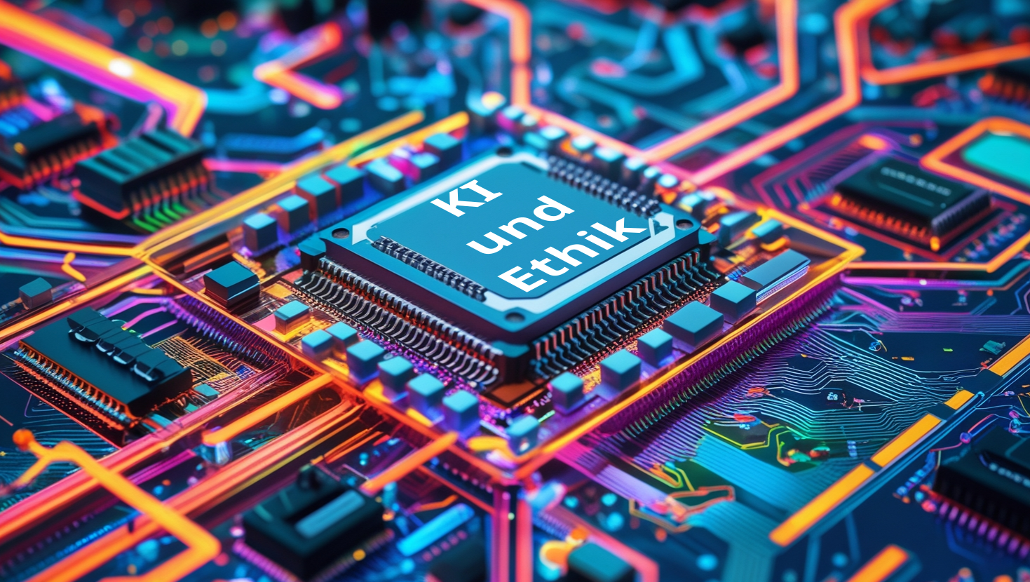 Das Bild zeigt einen Computerchip, auf dem die Worte "KI und Ethik" stehen. Es soll die Verbindung zwischen KI und ethischen Fragestellungen in der Technologie symbolisieren.