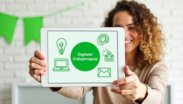 Digitaler Frühjahrsputz Das Bild zeigt eine Frau, die ein Tablet in der Hand hält, auf dem der Schriftzug "Digitaler Frühjahrsputz" steht, umringt von verschiedenen Icons, die das Thema Digitalisierung symbolisieren.