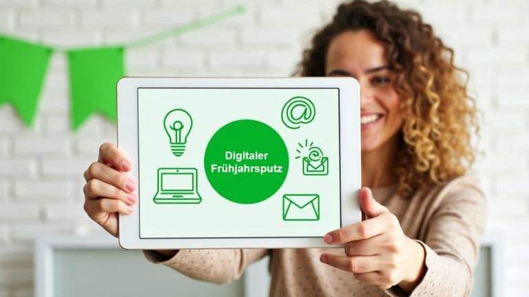 Das Bild zeigt eine Frau, die ein Tablet in der Hand hält, auf dem der Schriftzug "Digitaler Frühjahrsputz" steht, umringt von verschiedenen Icons, die das Thema Digitalisierung symbolisieren.