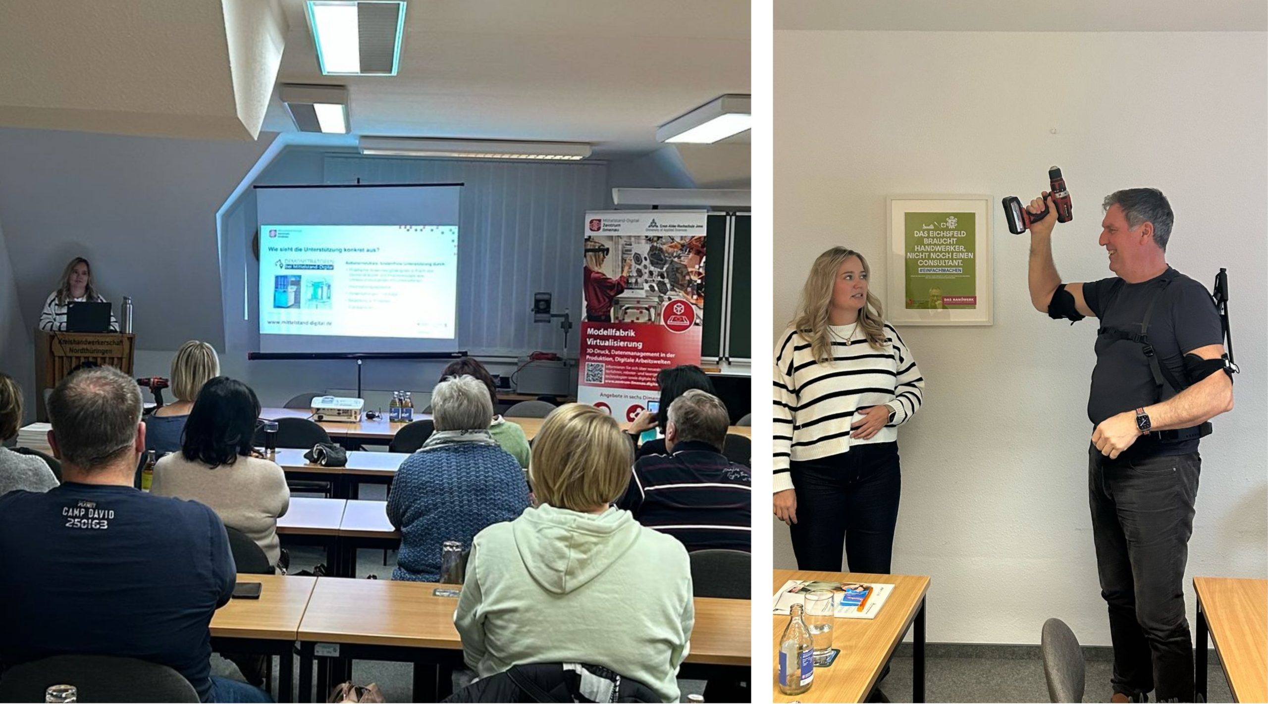 Das Bild zeigt einen Blick in den Veranstaltungsraum sowie einen Teilnehmenden mit einem Exoskelett im Gespräch mit der Referentin Isabell Weiß.