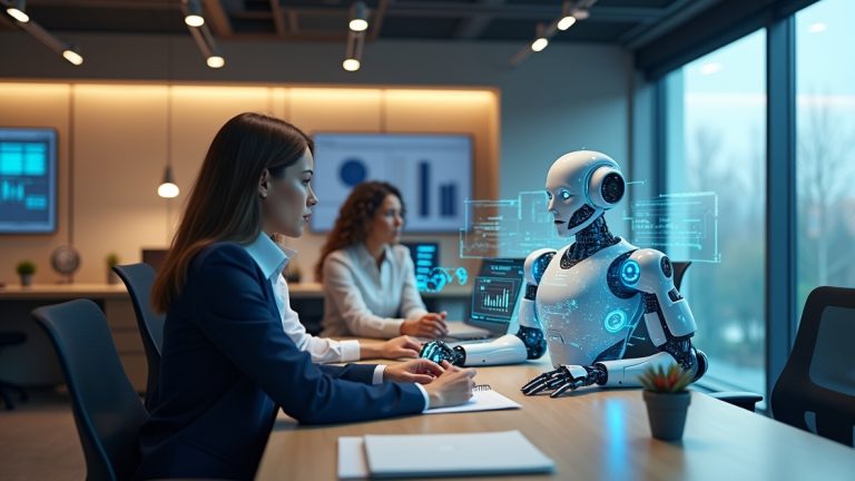 Das Bild zeigt eine Frau, die einem Roboter gegenübersitzt. Es soll das Thema KI im Büromanagement symbolisieren.