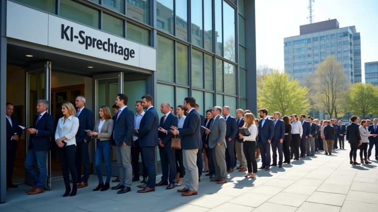 Das Bild zeigt eine Menschenschlange, die vor einem Gebäude steht. Über dem Eingang steht ein Schild "KI-Sprechtage".