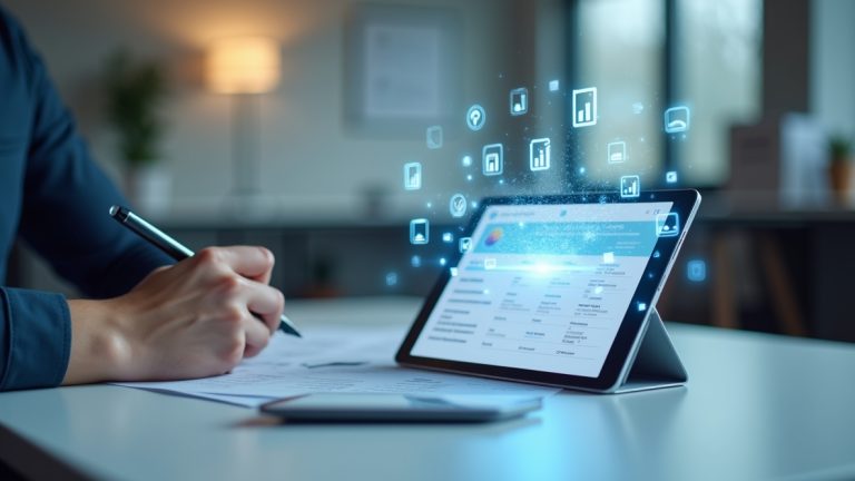 Das Bild symbolisiert das thema E-Rechnung. Zu sehen ist ein Tablet, das auf einem Schreibtisch steht und eine digitale Benutzeroberfläche mit verschiedenen Daten und Symbolen anzeigt. Um das Tablet herum sind holografische Icons und Diagramme zu sehen. Eine Person schreibt mit einem Stift auf ein Papierdokument.