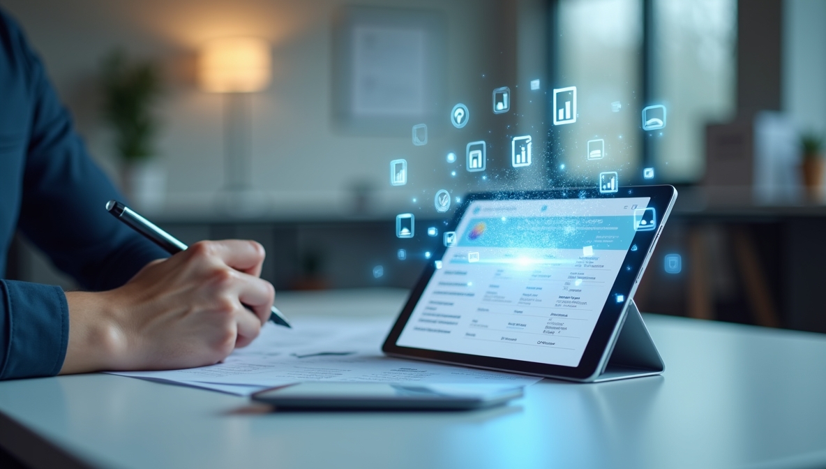 Das Bild symbolisiert das thema E-Rechnung. Zu sehen ist ein Tablet, das auf einem Schreibtisch steht und eine digitale Benutzeroberfläche mit verschiedenen Daten und Symbolen anzeigt. Um das Tablet herum sind holografische Icons und Diagramme zu sehen. Eine Person schreibt mit einem Stift auf ein Papierdokument.