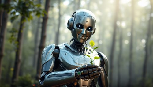 Das Bild zeigt einen Roboter, der eine Grünpflanze in der Hand hält. Die Darstellung soll das Thema "KI und Nachhaltigkeit" symbolisieren.