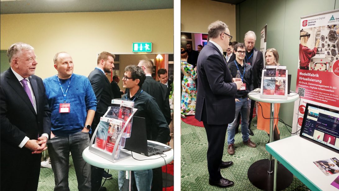 Das Bild vom BVMW-Jahresauftakt in Gera besteht aus 2 Fotos und zeigt die Mitarbeitenden der Modellfabrik Virtualisierung im Gespräch Besuchern.