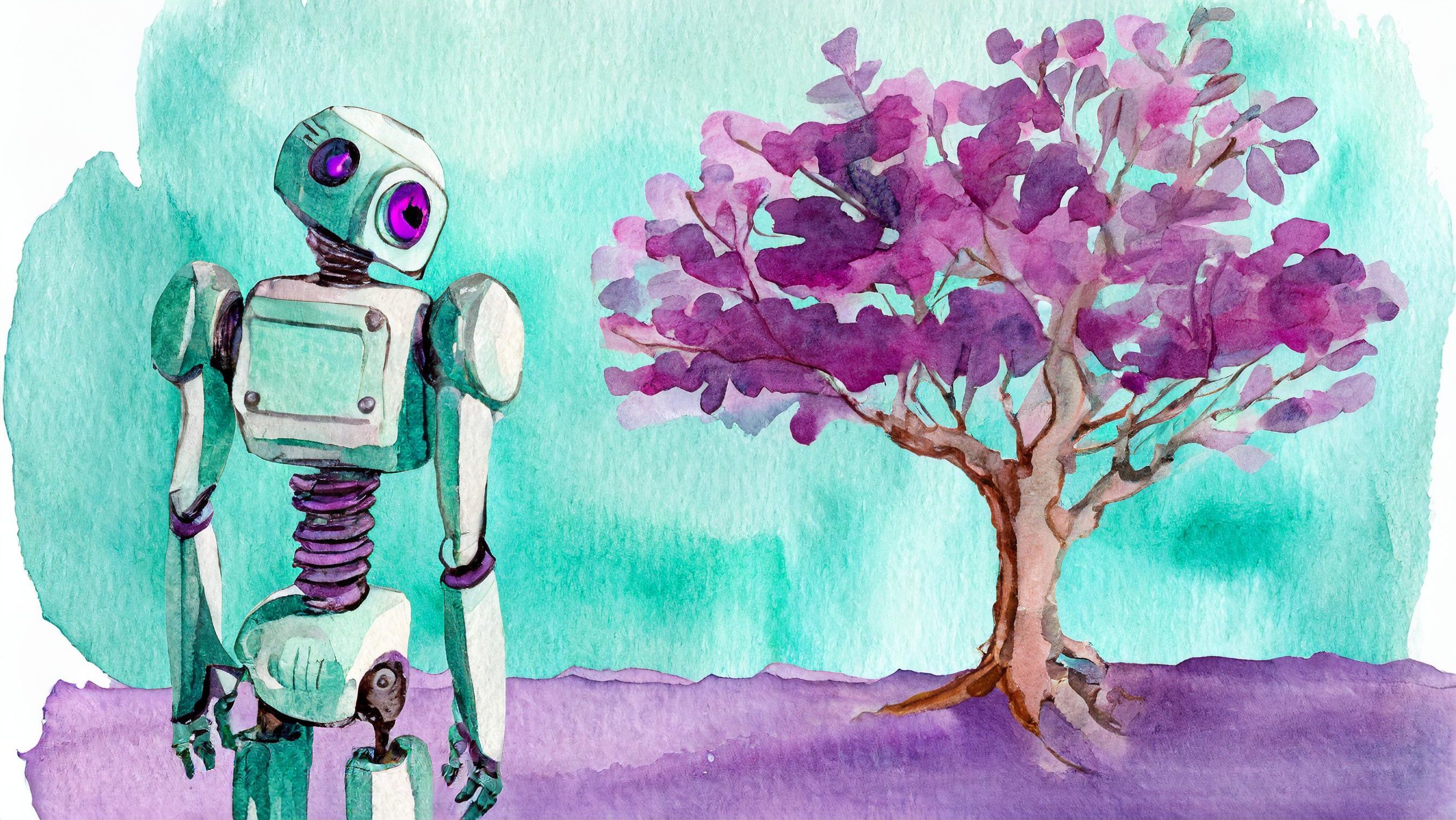 Firefly Roboter schaut auf einen Baum, mit lila-türkis Hintergrund 26183