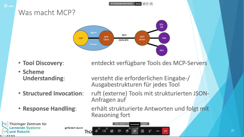Screenshot aus dem Webinar KI-Stammtisch: MCP als Brücke zwischen LLM-Agenten und Tools