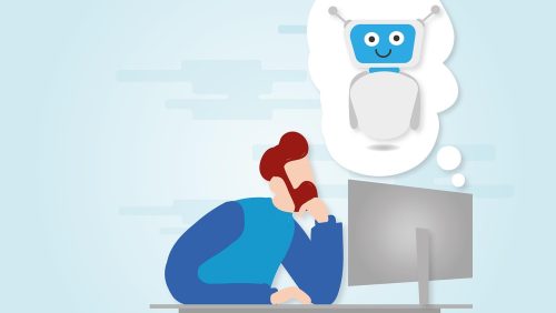 Grafik: Mann vor Laptop denkt an Roboter