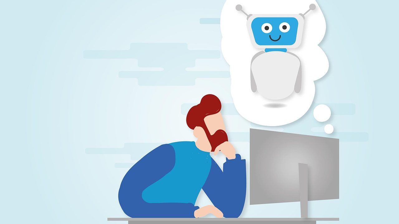 KI im Büro Grafik: Mann vor Laptop denkt an Roboter