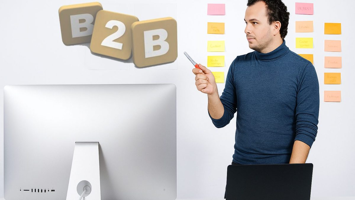 B2B im Fokus Mann steht vor Laptop und zeigt auf die Buchstaben "B2B"