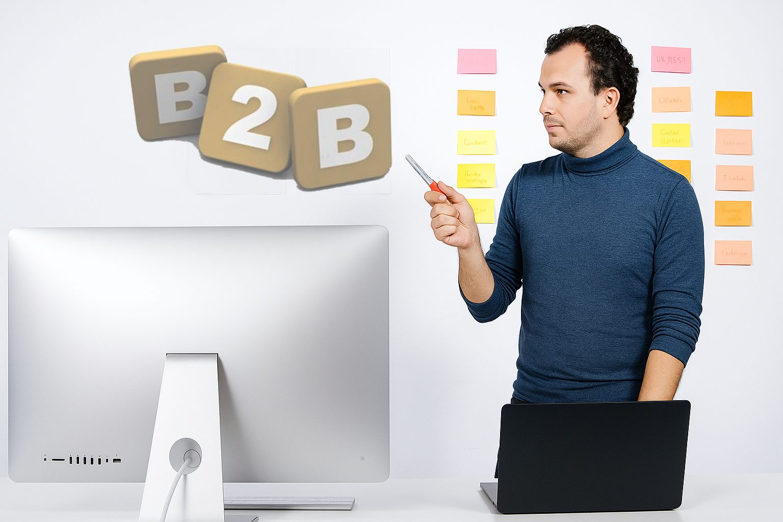 B2B im Fokus Mann steht vor Laptop und zeigt auf die Buchstaben "B2B"