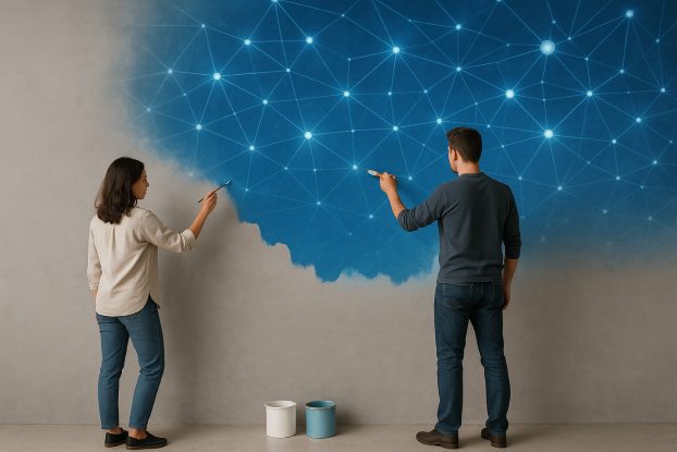 Zwei Personen streichen eine Wand