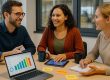 Drei Personen in Business-Casual-Kleidung sitzen an einem Konferenztisch und unterhalten sich angeregt. Auf dem Tisch liegen ein Laptop mit buntem Balkendiagramm, ein Tablet, ein Notizblock und bunte Klebezettel mit den Begriffen „Skills 2025“, „Innovation“ und „Team“. Kaffeetassen und die moderne Büro-Atmosphäre mit Blick in eine Produktionshalle im Hintergrund runden die Szene ab.