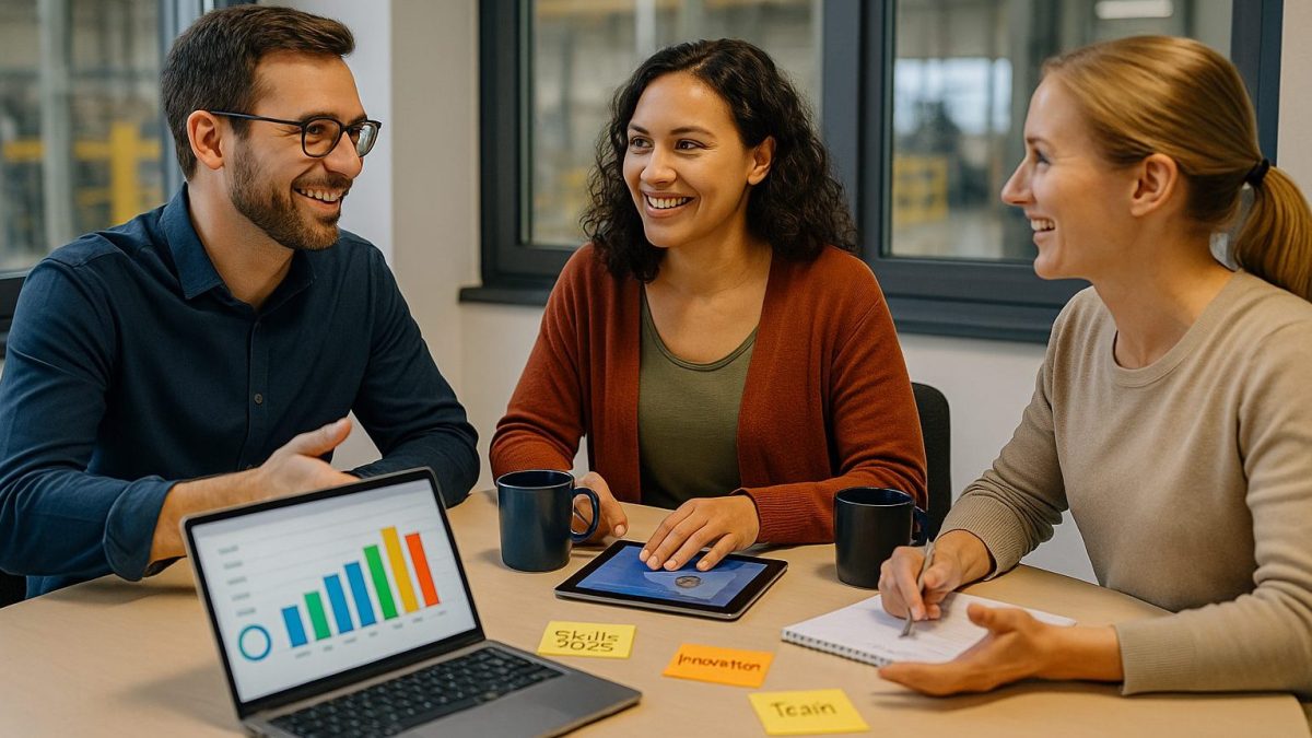 Kreative Teamarbeit im Konferenzraum Drei Personen in Business-Casual-Kleidung sitzen an einem Konferenztisch und unterhalten sich angeregt. Auf dem Tisch liegen ein Laptop mit buntem Balkendiagramm, ein Tablet, ein Notizblock und bunte Klebezettel mit den Begriffen „Skills 2025“, „Innovation“ und „Team“. Kaffeetassen und die moderne Büro-Atmosphäre mit Blick in eine Produktionshalle im Hintergrund runden die Szene ab.