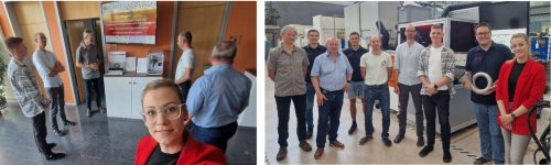 Zwei Bilder: im linken Bild erklärt Wolfram Kattanek einen Demonstrator; im rechten Bild steht eine Gruppe von Menschen in einer Maschinenhalle