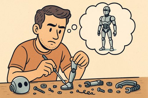 Ein Mann sitzt an einem Tisch und schraubt einen Fuß an ein Roboterbein. Auf der Werkbank liegen weitere Einzelteile und Werkzeuge verstreut. Über seinem Kopf zeigt eine Denkblase einen modernen, eleganten, fertigen Roboter.