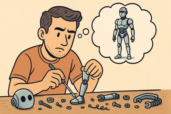 Ein Mann sitzt an einem Tisch und schraubt einen Fuß an ein Roboterbein. Auf der Werkbank liegen weitere Einzelteile und Werkzeuge verstreut. Über seinem Kopf zeigt eine Denkblase einen modernen, eleganten, fertigen Roboter.