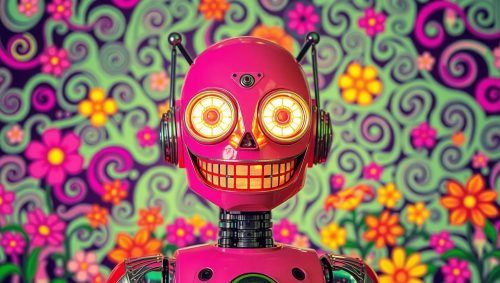 Pinker Roboter vor bunter Blumentapete