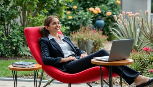 Frau liegt auf einer Gartenliege, der Laptop steht unberührt auf einem Tisch