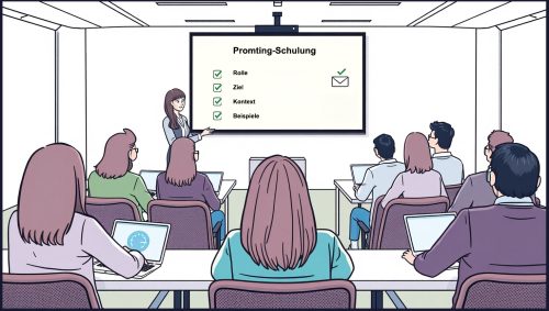 Personen sitzen in einem Raum und schauen auf ein Beamer-Bild. Auf dem Beamer steht "Prompting-Schulung "